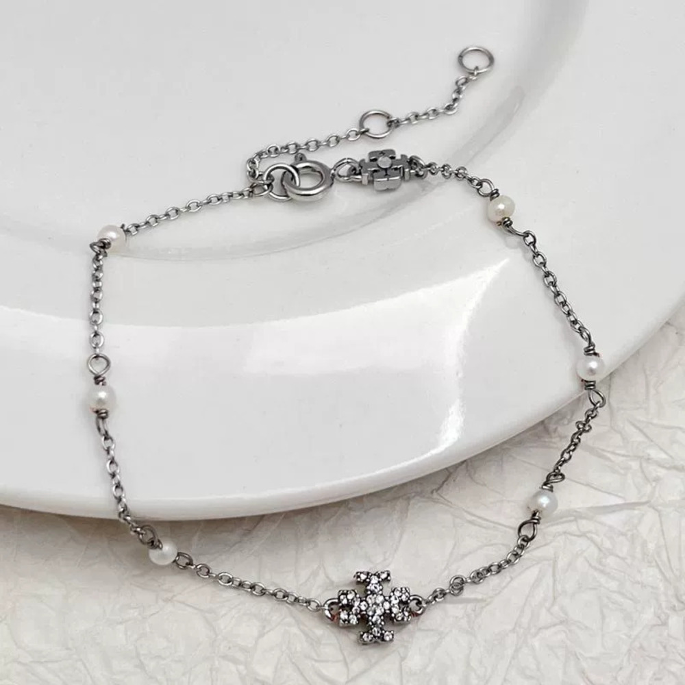Tory Burch Natural Freshwater Pearl Double Strand Bracelet with Rhinestone